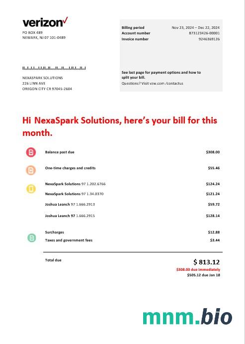 Szablon rachunku za media Biznesowe w USA Verizon telecommunications w formatach Word i PDF